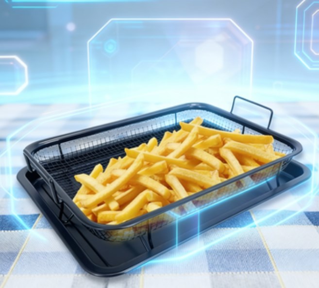 Non-Stick Oven Crisper Tray Set - 360° Air Circulation Mesh Baking Dish - Professional Oil-Free Frying Basket for Crispy Chips & Roast Meat